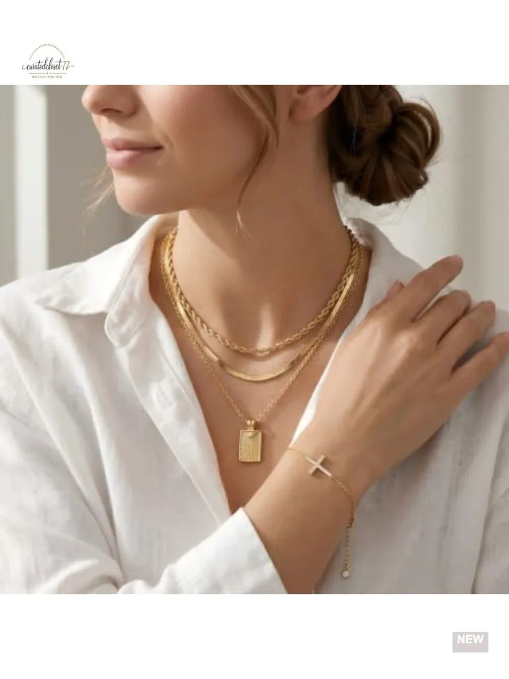 14K Gold Plated Layered Necklace & Bracelet Set, Dainty Pendant Necklace